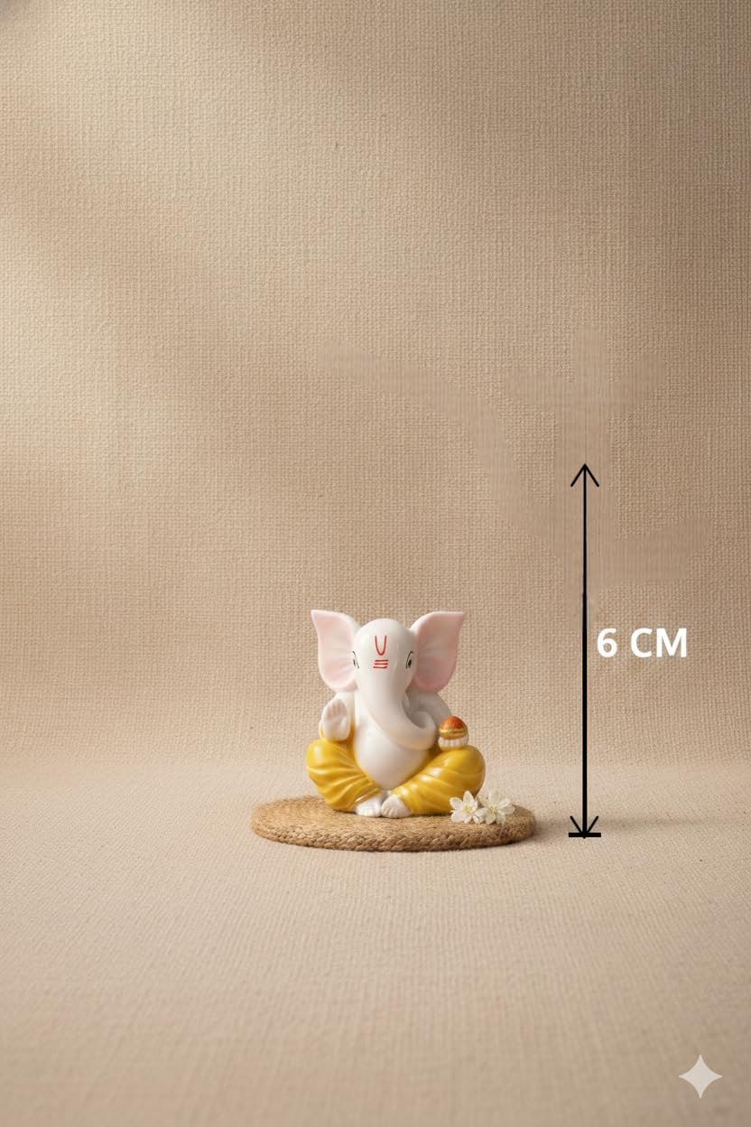 Traditional Hand Painted Lord Ganesha Idol in Marble Dust | Small Ganpati Murti for Car Dashboard, Desk, Pooja & Decor (Yellow Dhoti 01)