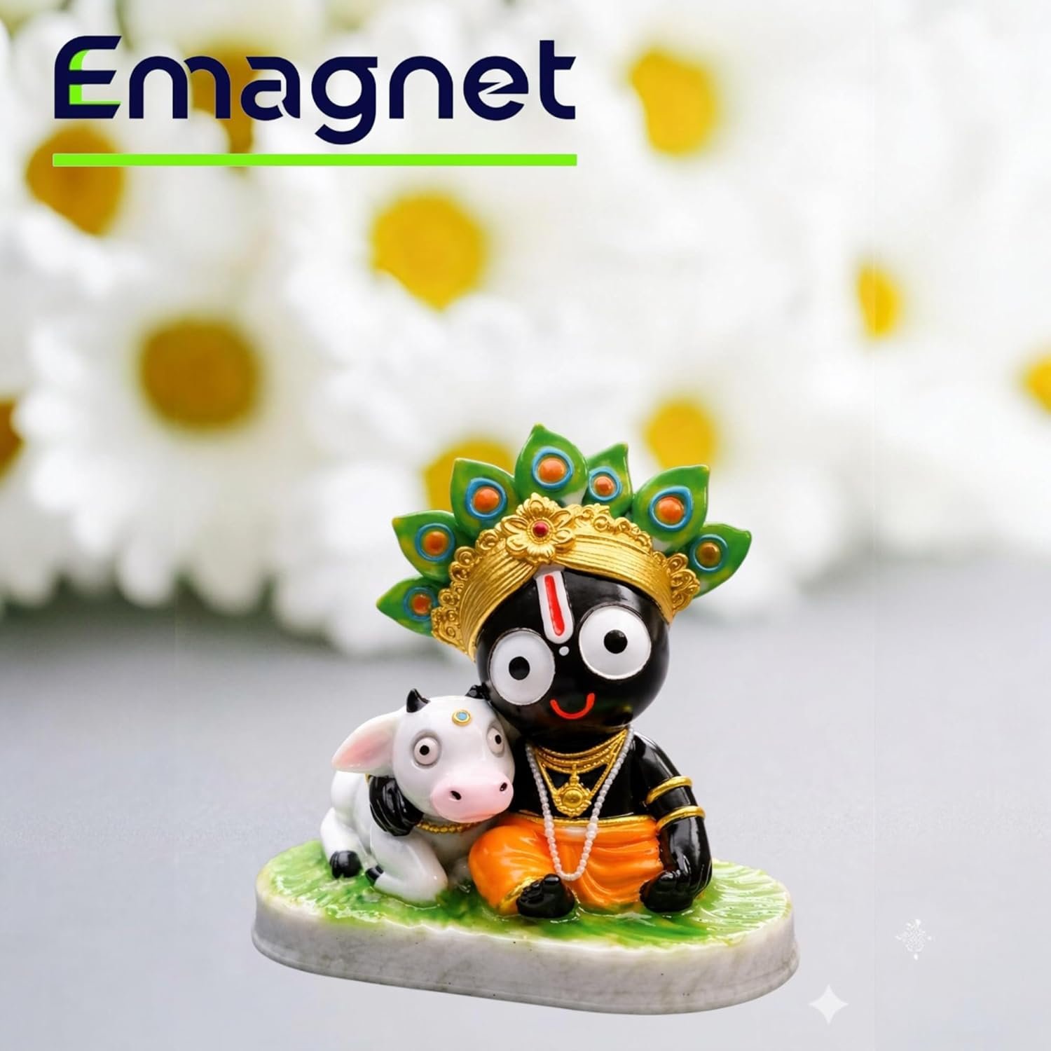 Cute Jagannathji Murti with Cow (4 Inch) | Premium Marble Finish Idol for Home Decor, Car Dashboard & Pooja | Lord Jagannath Statue for Gift, Festive Decor & Spiritual Use