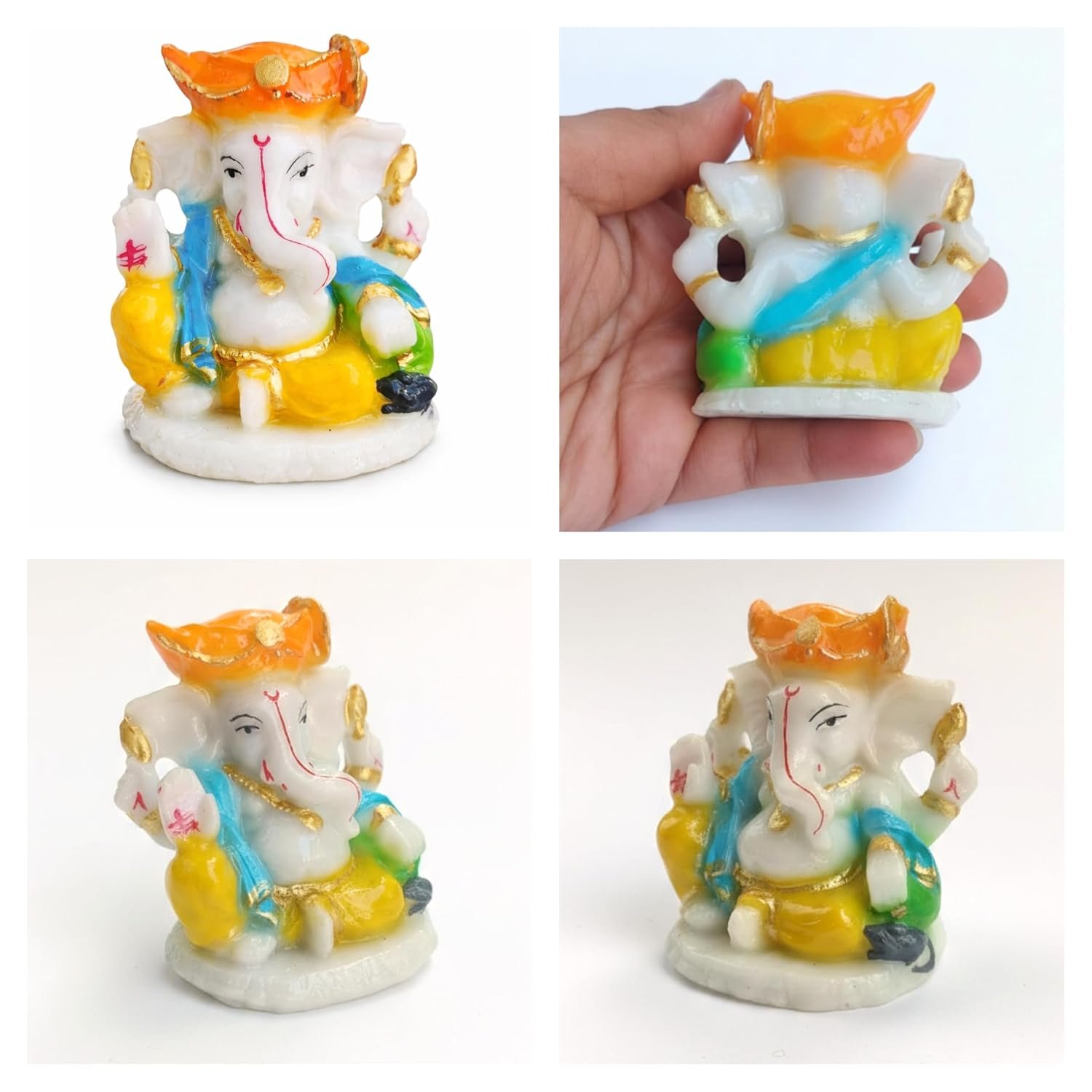 Traditional Hand Painted Lord Ganesha Idol in Marble Dust – Premium Multicolour Idol | Small Ganpati Murti for Car Dashboard, Desk, Pooja & Decor (Multicolour in Marathi pagdi)