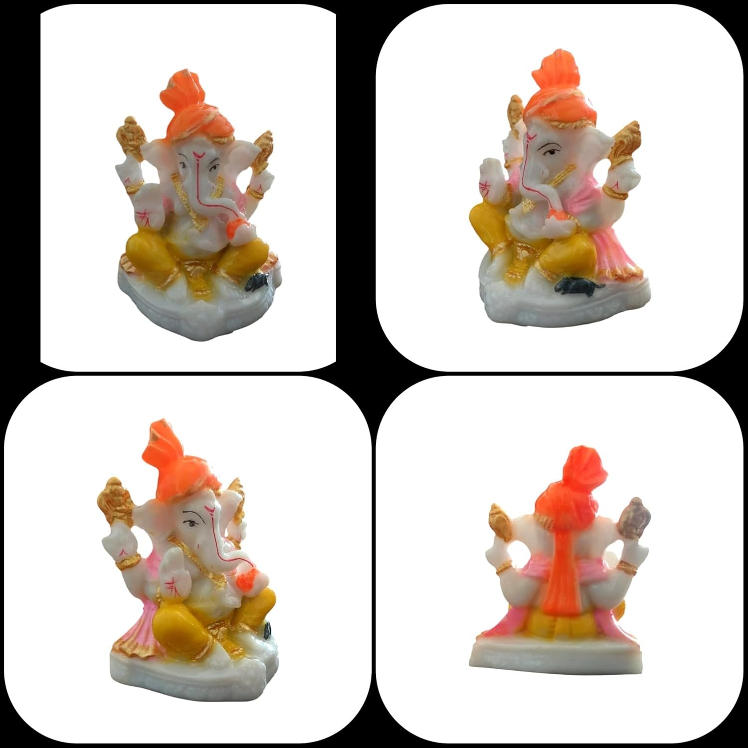 Traditional Hand Painted Lord Ganesha Idol in Marble Dust – Premium Multicolour Idol | Small Ganpati Murti for Car Dashboard, Desk, Pooja & Decor (Multicolour in Orange pagdi)
