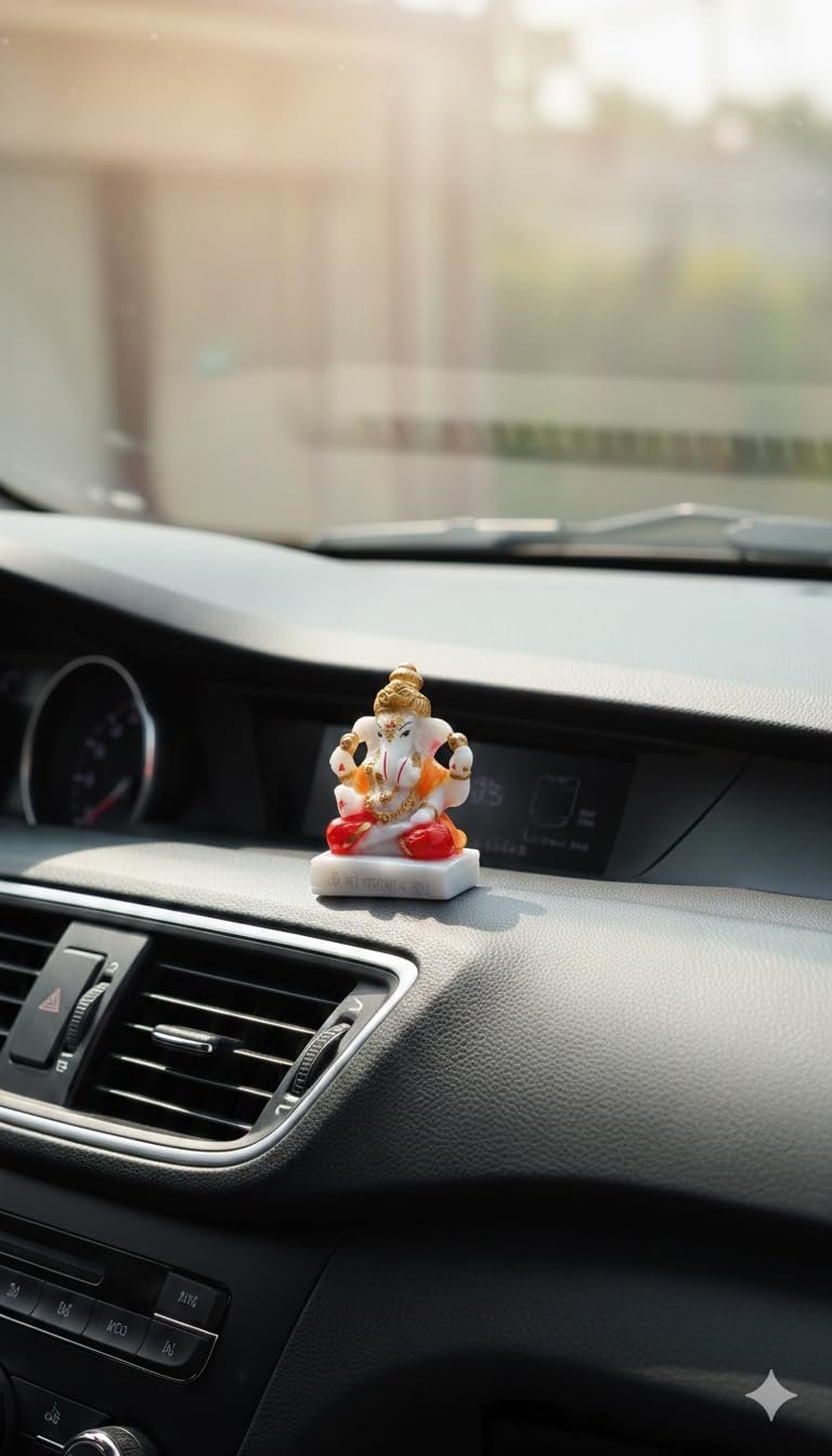 Traditional Hand Painted Lord Ganesha Idol in Marble Dust – Premium Multicolour Idol | Small Ganpati Murti for Car Dashboard, Desk, Pooja & Decor (Dagdu Seth in Red Dhoti, 6 CM)