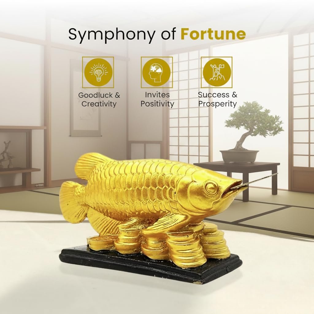 Feng Shui Golden Arowana Fish Statue with Coin in Mouth | Wealth & Prosperity Symbol | 15 CM Vastu & Feng Shui Home Office Decor Showpiece | Positive Energy & Gifting Item