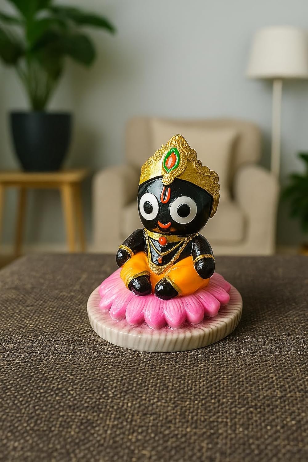 Handcrafted Lord Jagannath Idol on Kamal Base | Premium Marble Dust Murti for Home Temple, Car Dashboard, Pooja & Spiritual Gifting | Decorative Showpiece | 10 CM