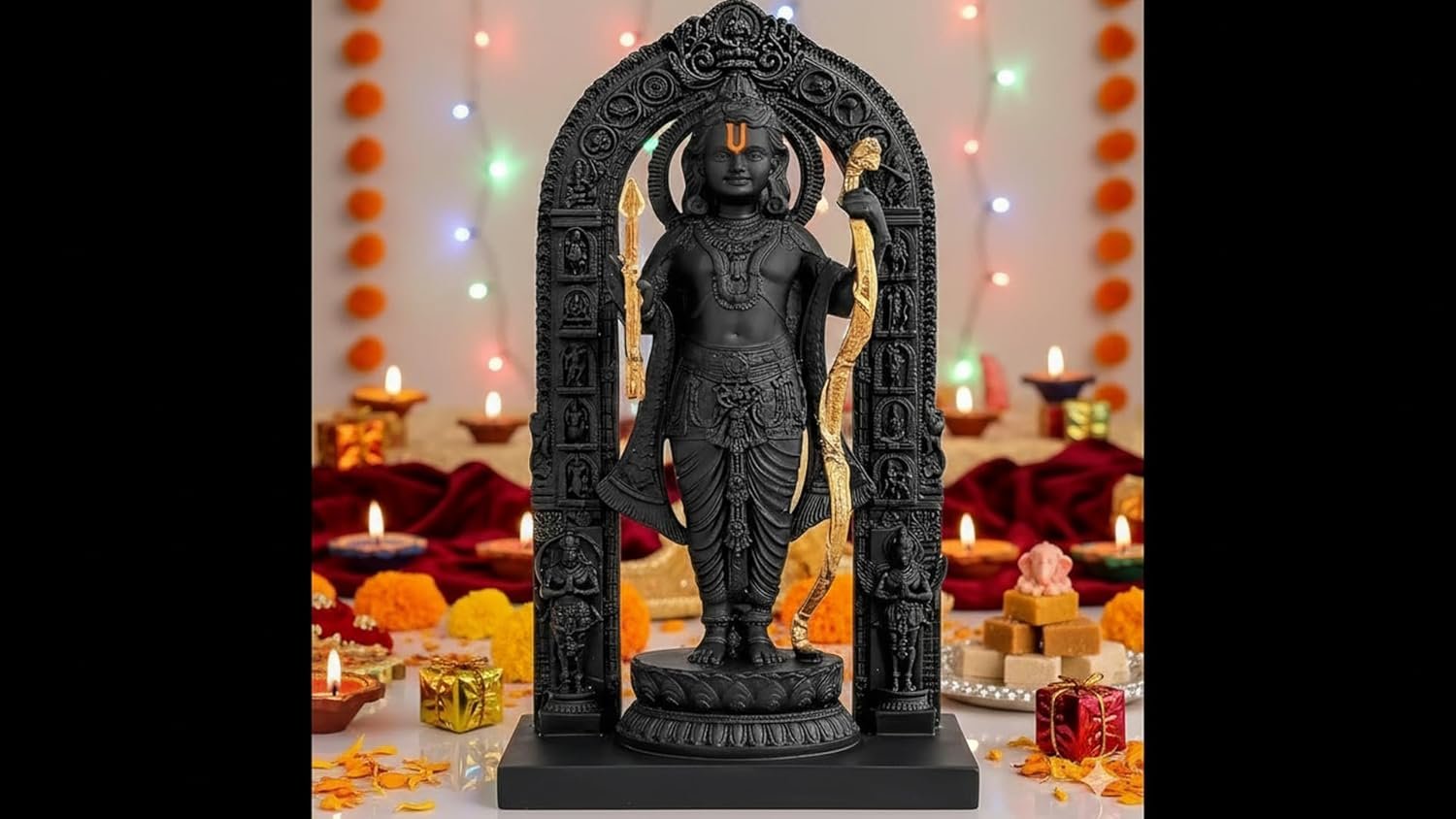 Ram Lalla Ayodhya Idol 3D Polyresin Murti with Gold Finish Bow & Arrow | Decorative Statue for Home Temple, Living Room, Office Desk & Festive Gifting