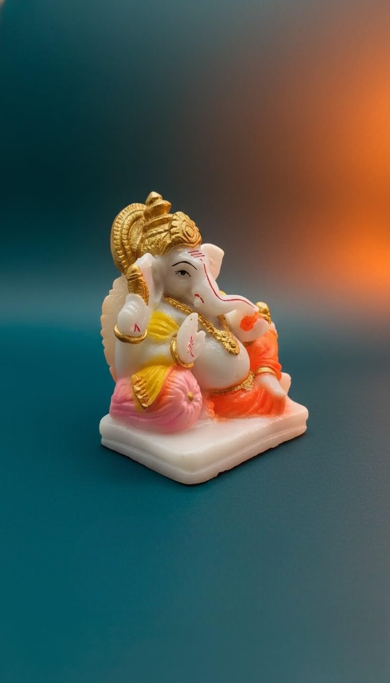 Traditional Seated Hand Painted Lord Ganesha Idol in Marble Dust – Orange Dhoti, Golden Crown & Modak (7.5 cm) | Small Ganpati Murti for Car Dashboard, Desk, Pooja & Decor