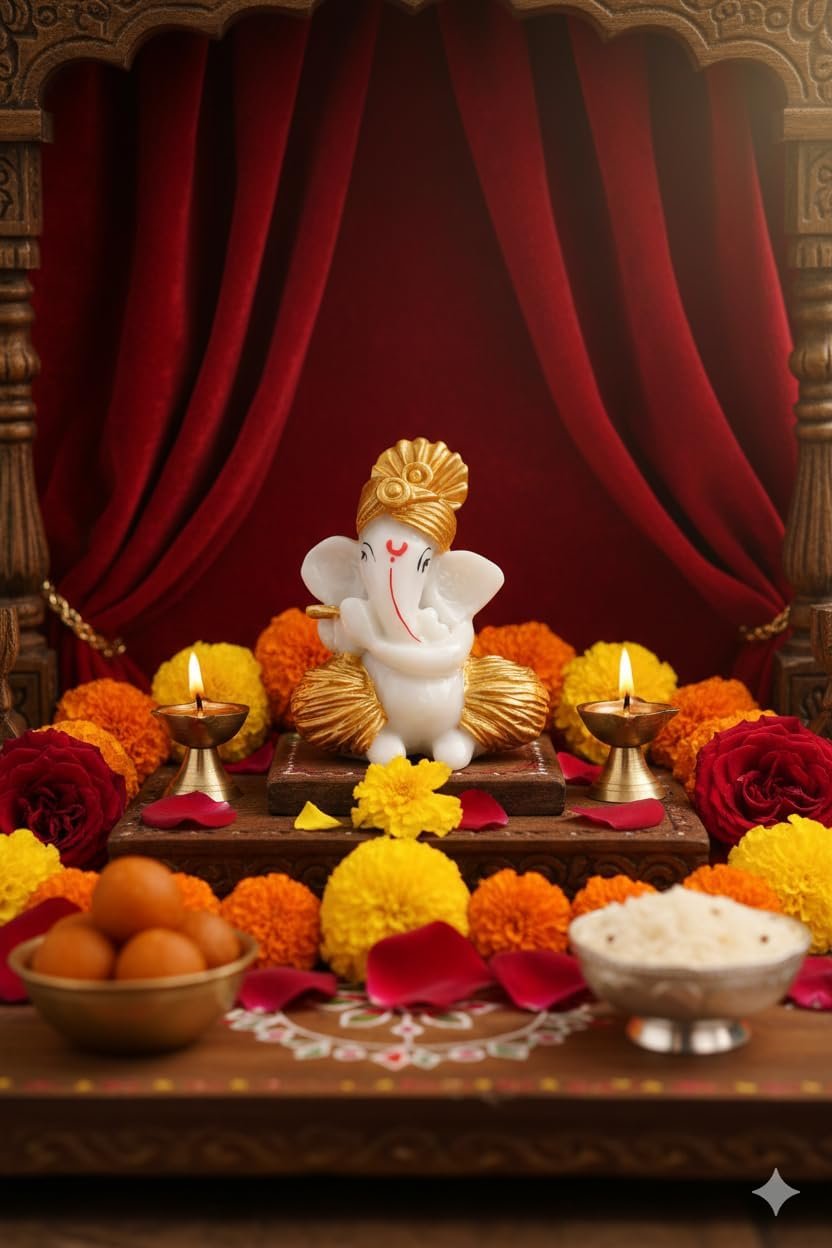 Traditional Hand Painted Lord Ganesha Idol in Marble Dust – Premium White & Gold Idol | Small Ganpati Murti for Car Dashboard, Desk, Pooja & Decor (White & Gold, 6 CM)