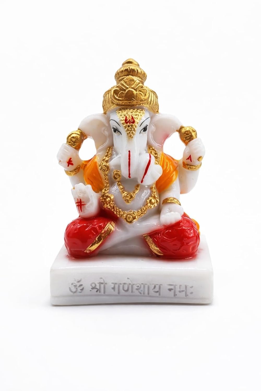 Traditional Hand Painted Lord Ganesha Idol in Marble Dust – Premium Multicolour Idol | Small Ganpati Murti for Car Dashboard, Desk, Pooja & Decor (Dagdu Seth in Red Dhoti, 6 CM)