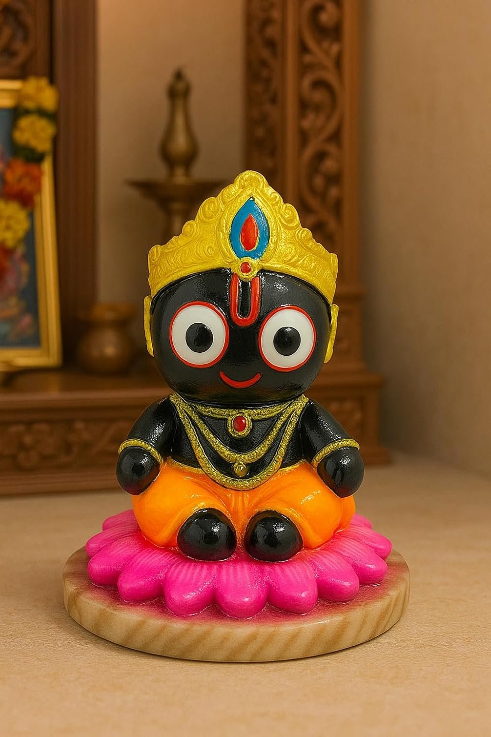 Handcrafted Lord Jagannath Idol on Kamal Base | Premium Marble Dust Murti for Home Temple, Car Dashboard, Pooja & Spiritual Gifting | Decorative Showpiece | 10 CM