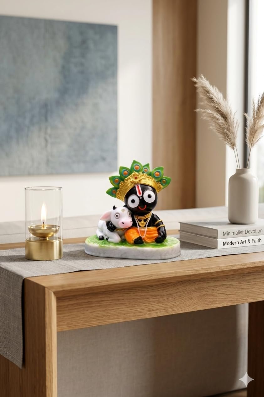 Cute Jagannathji Murti with Cow (4 Inch) | Premium Marble Finish Idol for Home Decor, Car Dashboard & Pooja | Lord Jagannath Statue for Gift, Festive Decor & Spiritual Use