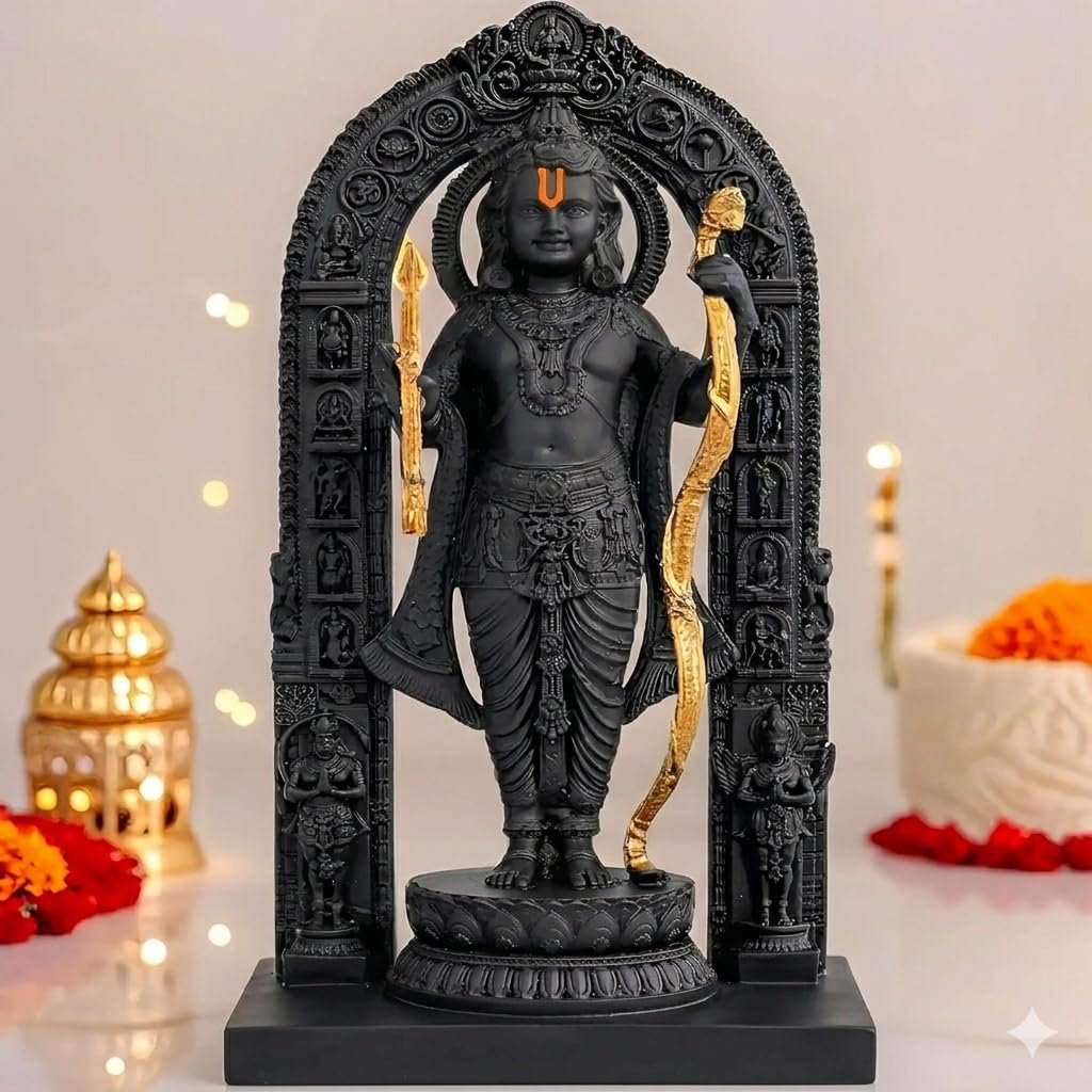 Ram Lalla Ayodhya Idol 3D Polyresin Murti with Gold Finish Bow & Arrow | Decorative Statue for Home Temple, Living Room, Office Desk & Festive Gifting