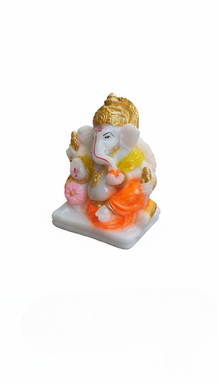 Traditional Seated Hand Painted Lord Ganesha Idol in Marble Dust – Orange Dhoti, Golden Crown & Modak (7.5 cm) | Small Ganpati Murti for Car Dashboard, Desk, Pooja & Decor
