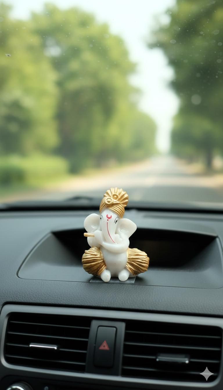 Traditional Hand Painted Lord Ganesha Idol in Marble Dust – Premium White & Gold Idol | Small Ganpati Murti for Car Dashboard, Desk, Pooja & Decor (White & Gold, 6 CM)