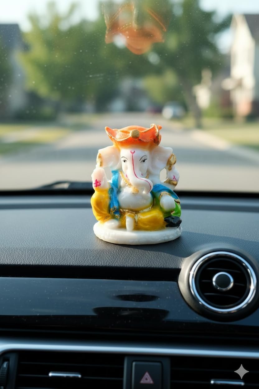 Traditional Hand Painted Lord Ganesha Idol in Marble Dust – Premium Multicolour Idol | Small Ganpati Murti for Car Dashboard, Desk, Pooja & Decor (Multicolour in Marathi pagdi)