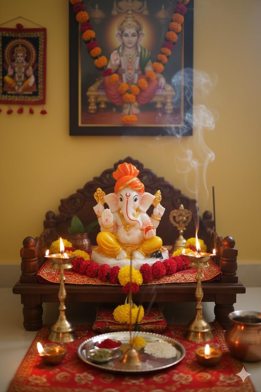 Traditional Hand Painted Lord Ganesha Idol in Marble Dust – Premium Multicolour Idol | Small Ganpati Murti for Car Dashboard, Desk, Pooja & Decor (Multicolour in Orange pagdi)