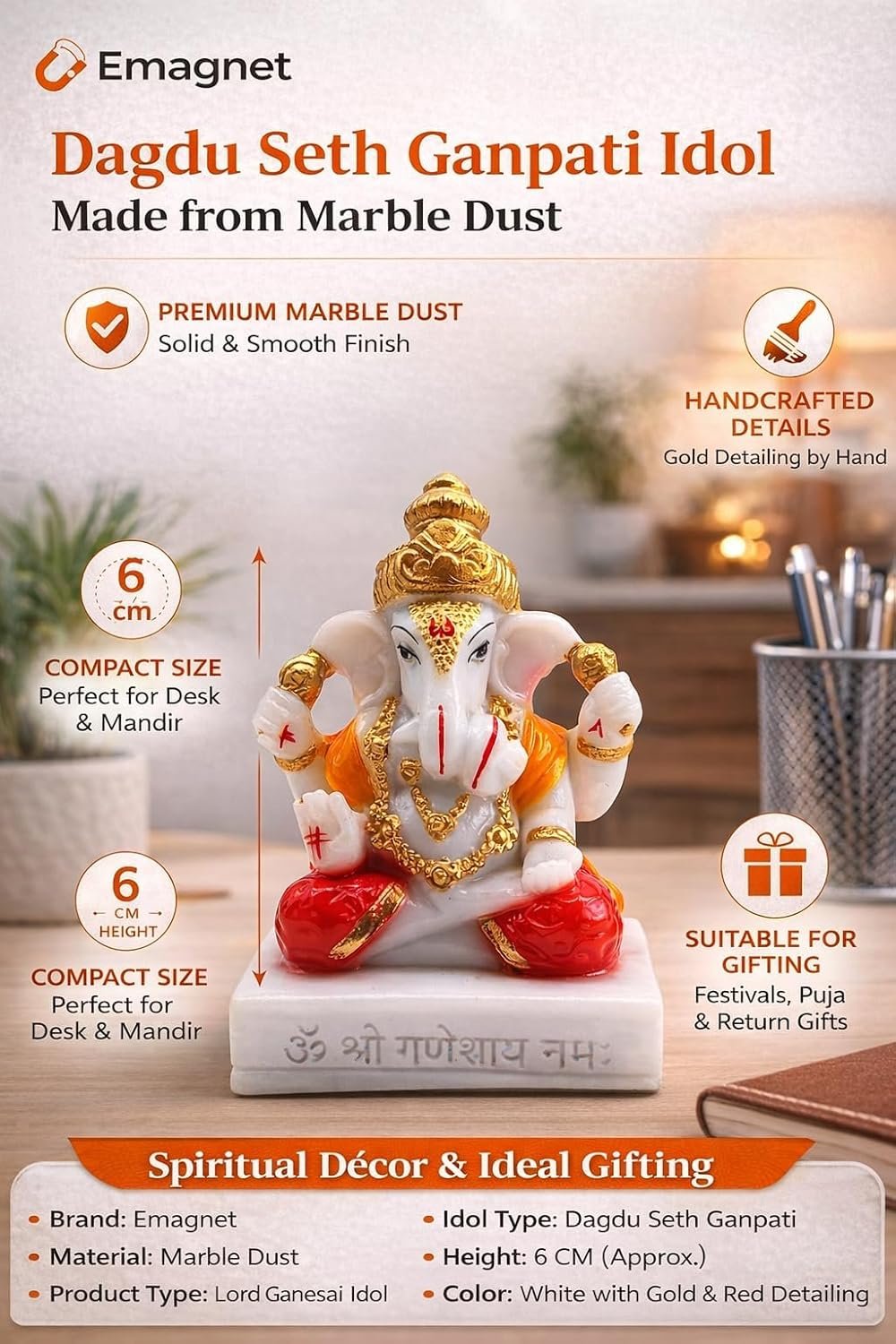 Traditional Hand Painted Lord Ganesha Idol in Marble Dust – Premium Multicolour Idol | Small Ganpati Murti for Car Dashboard, Desk, Pooja & Decor (Dagdu Seth in Red Dhoti, 6 CM)