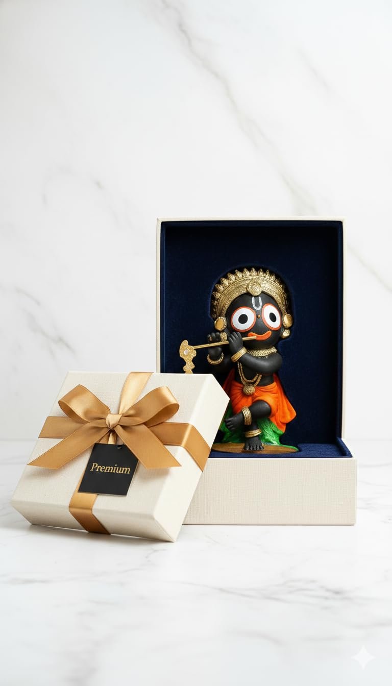 Handcrafted Lord Jagannath Idol with Flute (10 cm) | Premium Resin Murti for Home Temple, Car Dashboard, Pooja & Spiritual Gifting | Decorative Showpiece