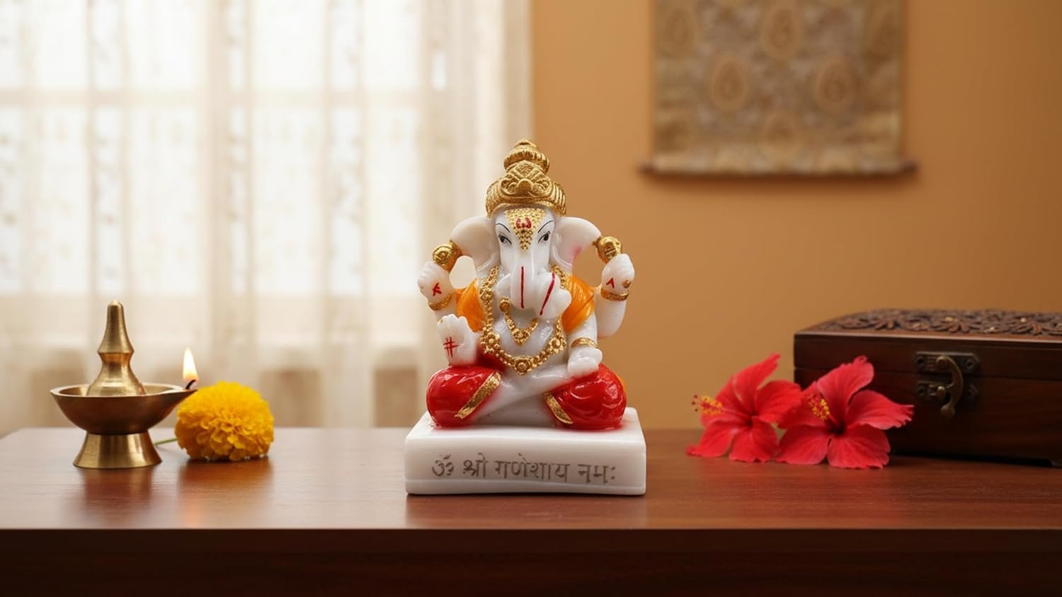 Traditional Hand Painted Lord Ganesha Idol in Marble Dust – Premium Multicolour Idol | Small Ganpati Murti for Car Dashboard, Desk, Pooja & Decor (Dagdu Seth in Red Dhoti, 6 CM)