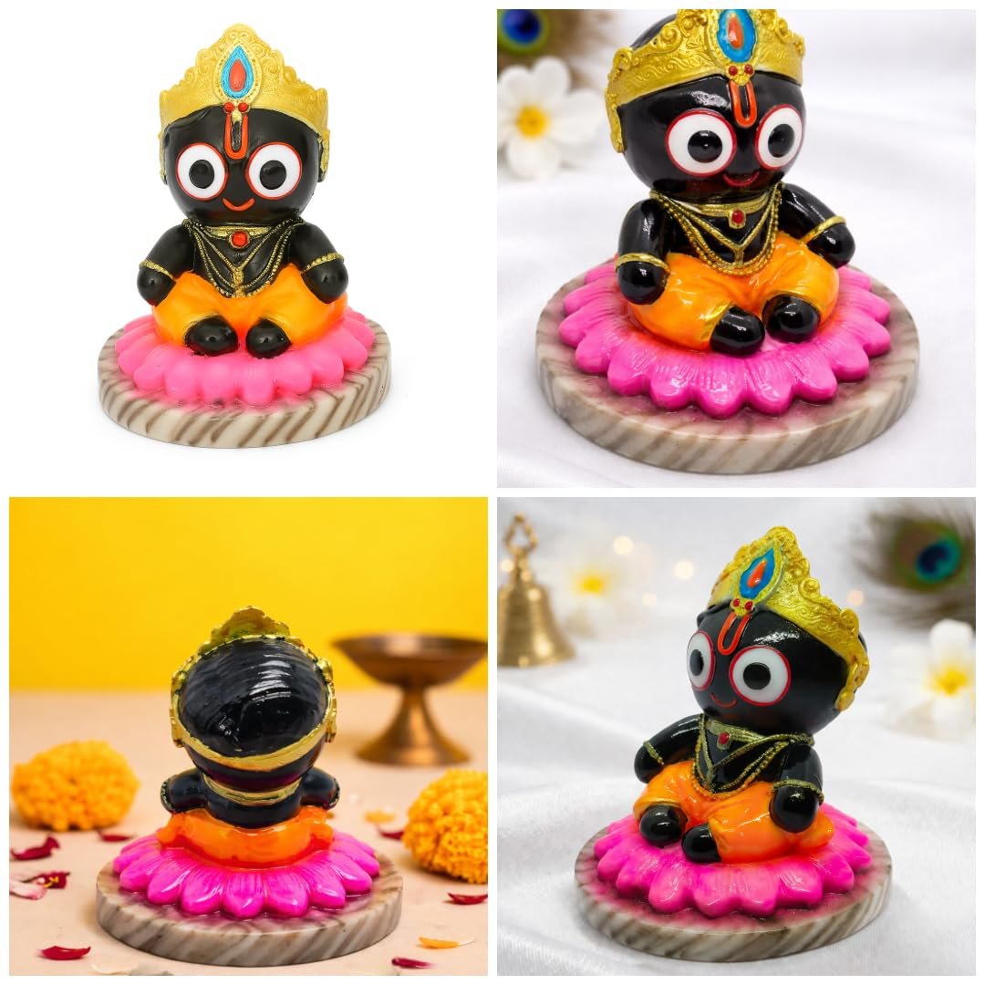 Handcrafted Lord Jagannath Idol on Kamal Base | Premium Marble Dust Murti for Home Temple, Car Dashboard, Pooja & Spiritual Gifting | Decorative Showpiece | 10 CM