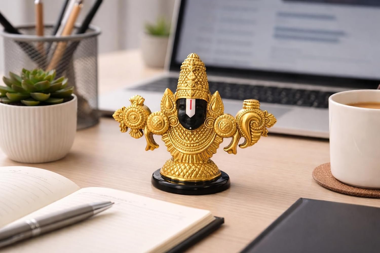 Lord Venkateswara Idol for Car Dashboard & Home Decor | Tirupati Balaji Murti | Brass Finish Hindu God Idol for Temple, Office Desk, Gift & Vastu (Premium Gold Plated Finish)