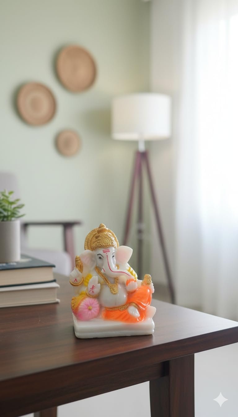 Traditional Seated Hand Painted Lord Ganesha Idol in Marble Dust – Orange Dhoti, Golden Crown & Modak (7.5 cm) | Small Ganpati Murti for Car Dashboard, Desk, Pooja & Decor