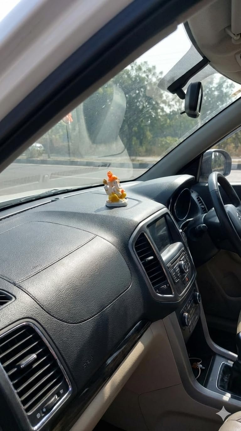 Traditional Hand Painted Lord Ganesha Idol in Marble Dust – Premium Multicolour Idol | Small Ganpati Murti for Car Dashboard, Desk, Pooja & Decor (Multicolour in Orange pagdi)