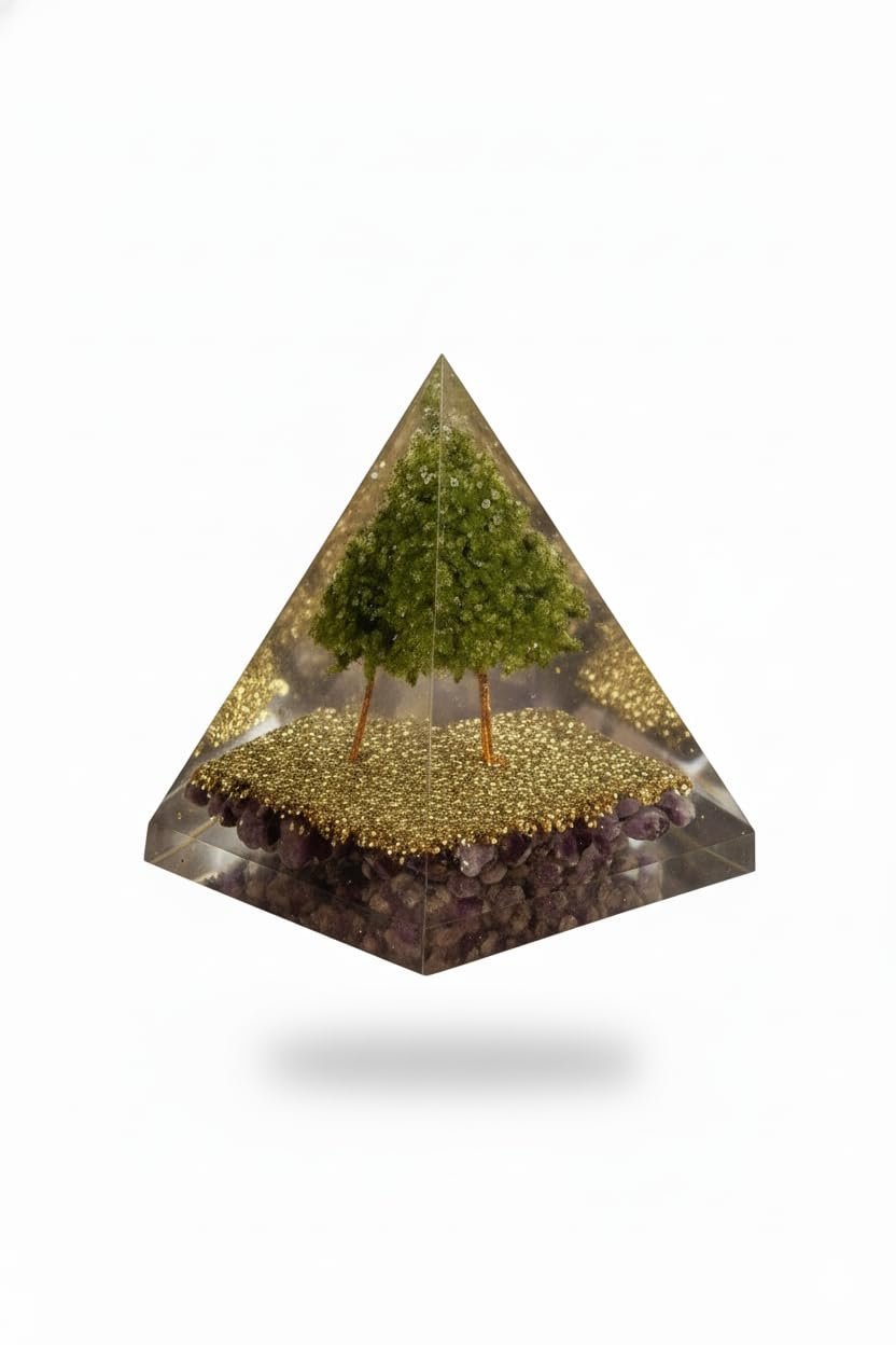 Amethyst Orgone Pyramid with Amethyst & Peridot Crystals | Copper Coil & Brass Energy Generator Pyramid for Meditation, Reiki Healing & Positive Energy | Vastu Spiritual Home Decor Gift Item