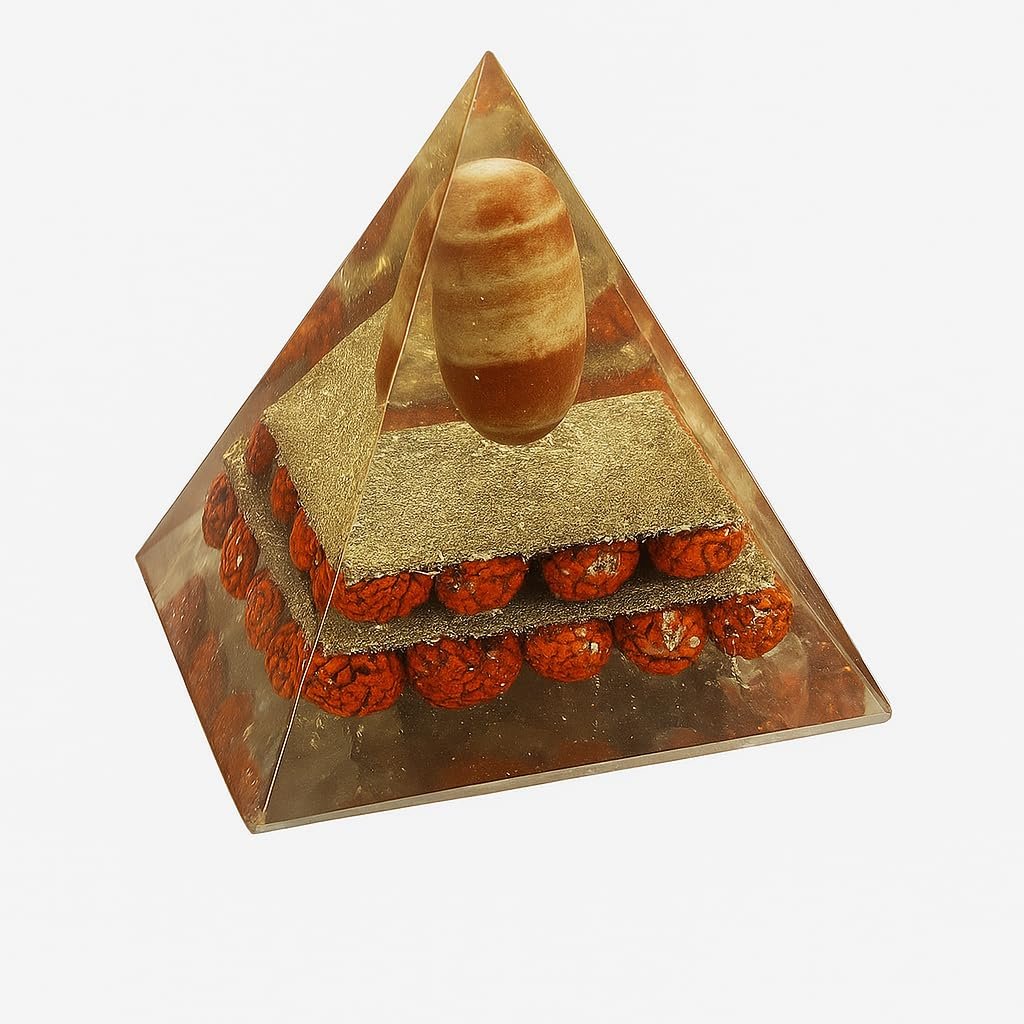 Orgone Energy Pyramid with Swayambhoo Narmadeshwar Shivling, Panchmukhi Rudraksha & Sphatik Chips | Vastu Protection Pyramid for Home & Office | Meditation, Reiki & Positive Energy Generator