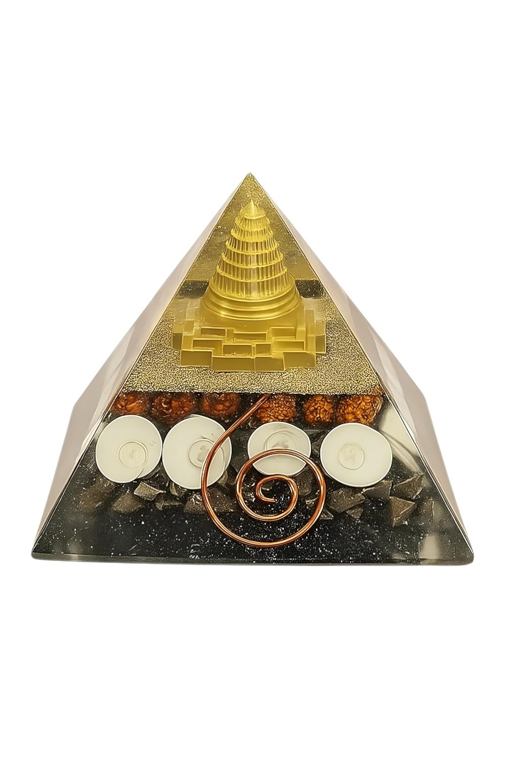 Laxmi Pyramid, Money Magnet Pyrite Pyramid, Certified Pyrite & Sacred Rudraksha, Gomati Chakra with Shree Yantra, Attracts Wealth and Positive Energy, Multicolour, 8 CM