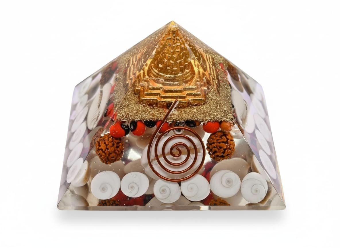 Laxmi Pyramid with Shree Yantra | Certified Gomati Chakra, Rudraksha & Cowrie | Vastu Energy Crystal Pyramid for Good Luck, Money, Wealth & Positive Energy | Spiritual Home Decor Gift Item
