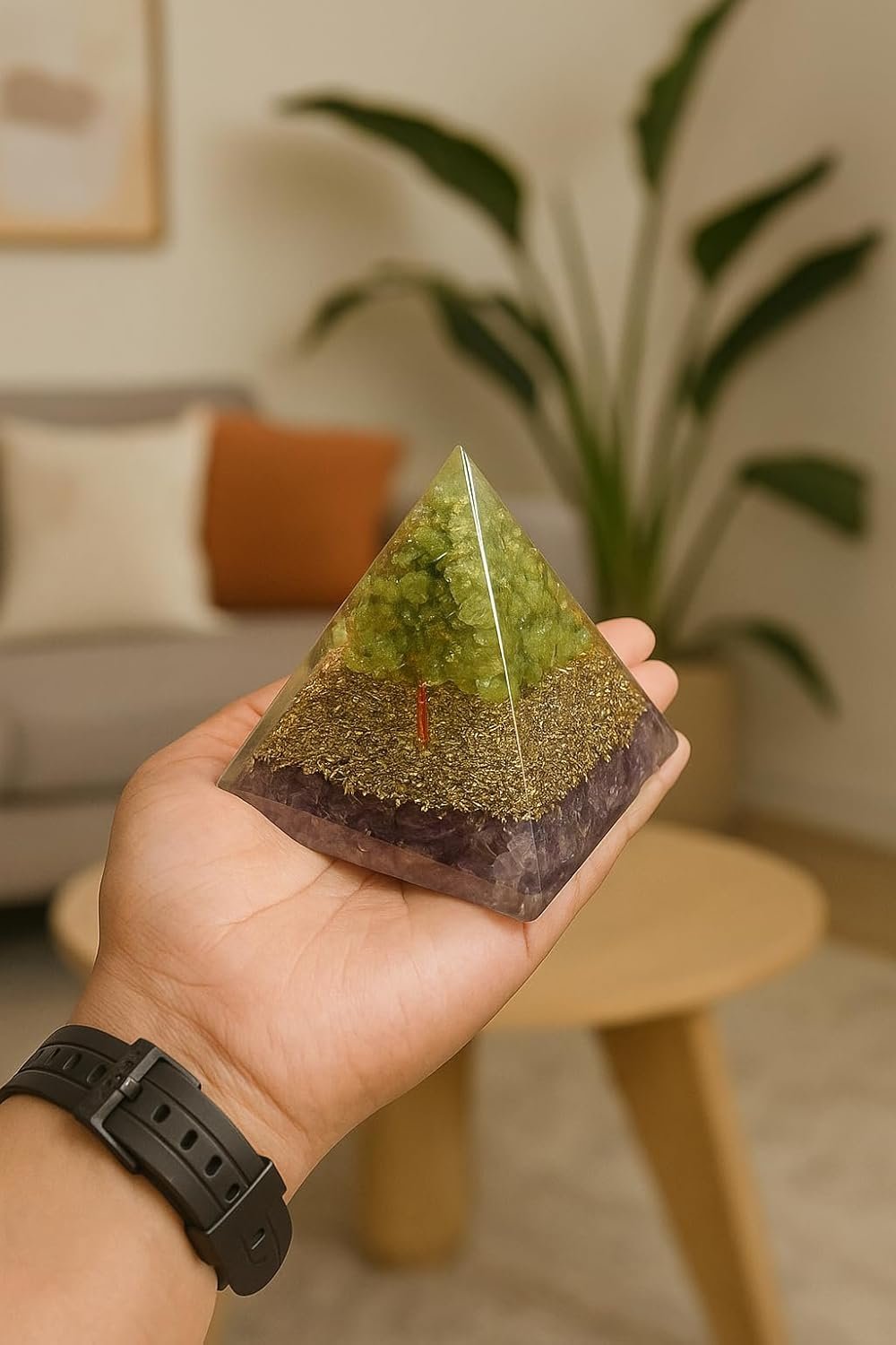 Amethyst Orgone Pyramid with Amethyst & Peridot Crystals | Copper Coil & Brass Energy Generator Pyramid for Meditation, Reiki Healing & Positive Energy | Vastu Spiritual Home Decor Gift Item