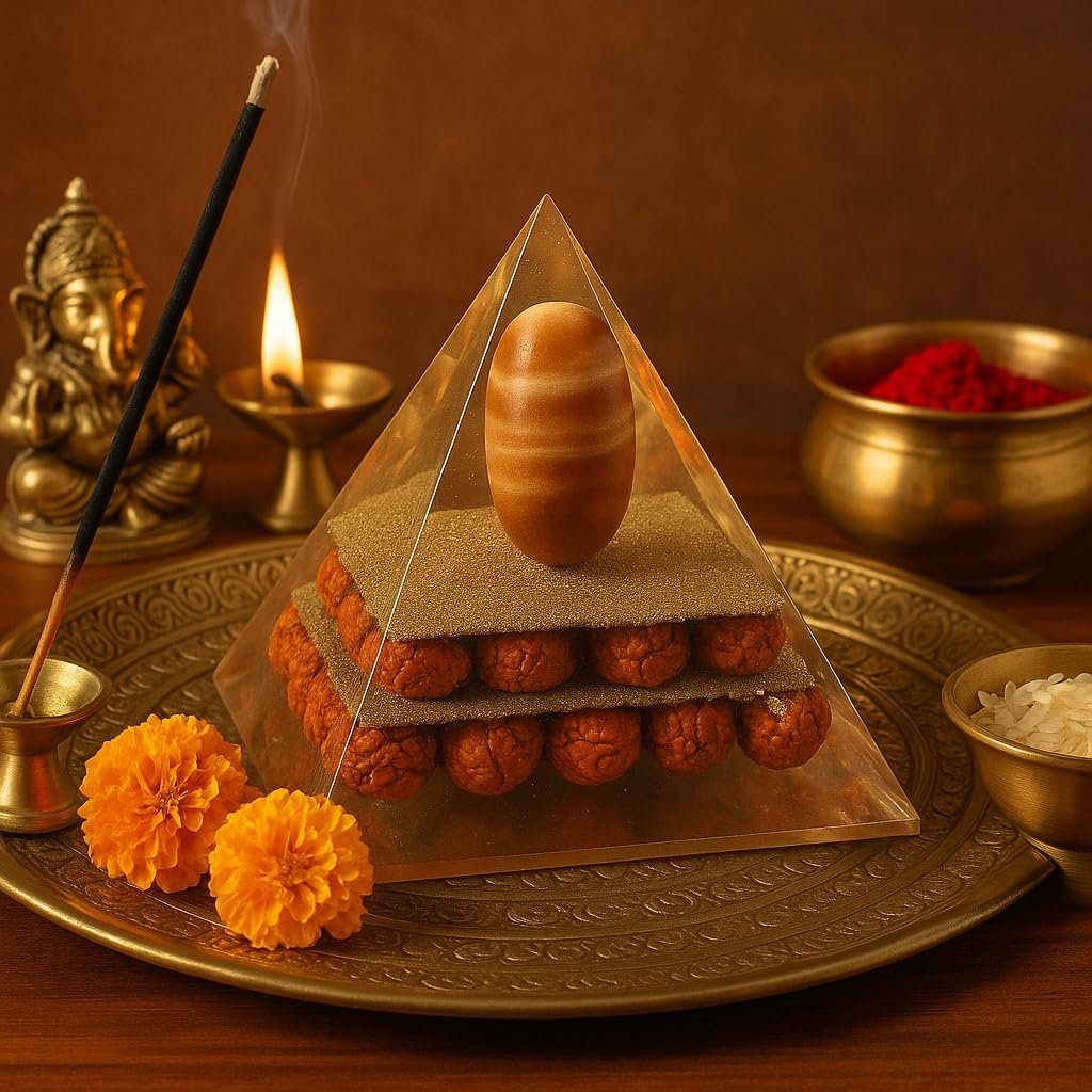 Orgone Energy Pyramid with Swayambhoo Narmadeshwar Shivling, Panchmukhi Rudraksha & Sphatik Chips | Vastu Protection Pyramid for Home & Office | Meditation, Reiki & Positive Energy Generator