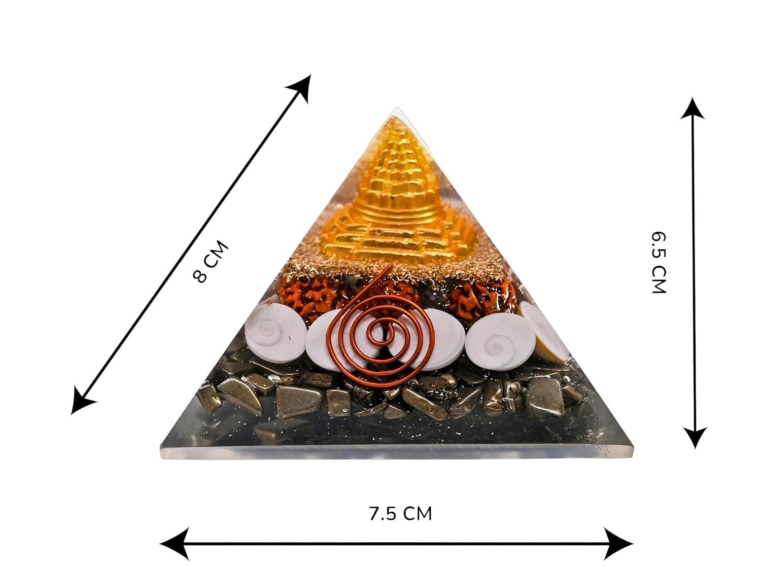 Laxmi Pyramid, Money Magnet Pyrite Pyramid, Certified Pyrite & Sacred Rudraksha, Gomati Chakra with Shree Yantra, Attracts Wealth and Positive Energy, Multicolour, 8 CM