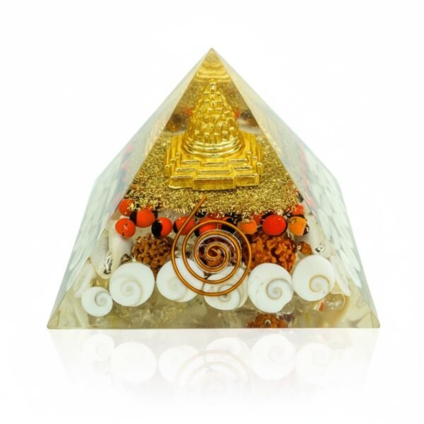 Laxmi Pyramid with Shree Yantra | Certified Gomati Chakra, Rudraksha & Cowrie | Vastu Energy Crystal Pyramid for Good Luck, Money, Wealth & Positive Energy | Spiritual Home Decor Gift Item