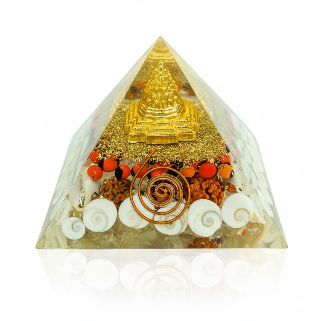 Laxmi Pyramid with Shree Yantra | Certified Gomati Chakra, Rudraksha & Cowrie | Vastu Energy Crystal Pyramid for Good Luck, Money, Wealth & Positive Energy | Spiritual Home Decor Gift Item