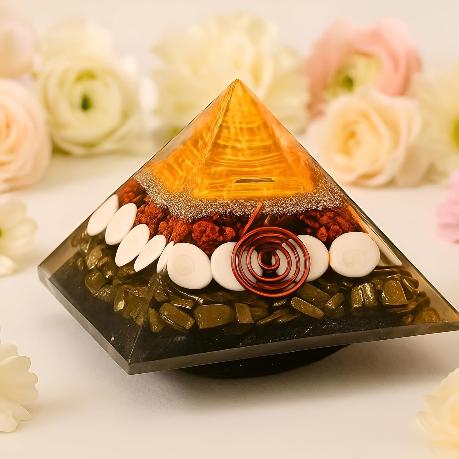 Laxmi Pyramid, Money Magnet Pyrite Pyramid, Certified Pyrite & Sacred Rudraksha, Gomati Chakra with Shree Yantra, Attracts Wealth and Positive Energy, Multicolour, 8 CM