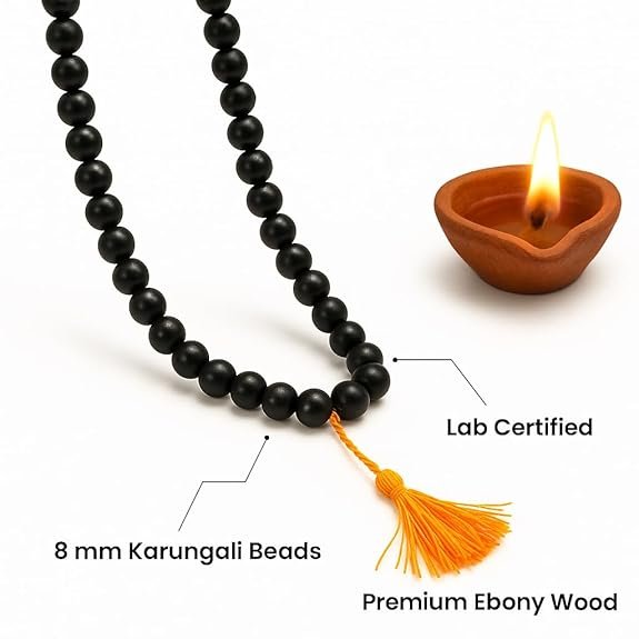Certified Karungali Black Ebony Wood Mala – 108+1 Beads, 8mm Premium Ebony Wood – Lab Tested & Vedic Approved Spiritual Rosary for Meditation, Japa & Protection | Lab Tested (1, KARUNGLI MALA)