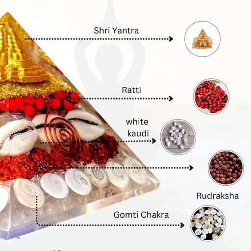 Laxmi Pyramid with Shree Yantra | Certified Gomati Chakra, Rudraksha & Cowrie | Vastu Energy Crystal Pyramid for Good Luck, Money, Wealth & Positive Energy | Spiritual Home Decor Gift Item
