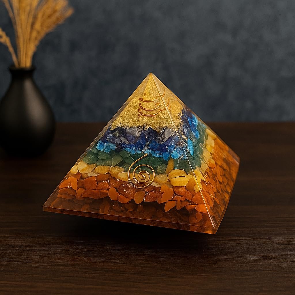 7 Chakra Crystal Orgone Pyramid, Money Magnet Energy Generator, Copper Coil Energy Amplifier, Handcrafted Vastu Spiritual Decor, 7.5CM