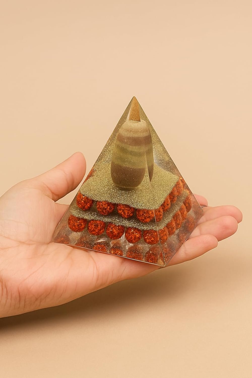 Orgone Energy Pyramid with Swayambhoo Narmadeshwar Shivling, Panchmukhi Rudraksha & Sphatik Chips | Vastu Protection Pyramid for Home & Office | Meditation, Reiki & Positive Energy Generator