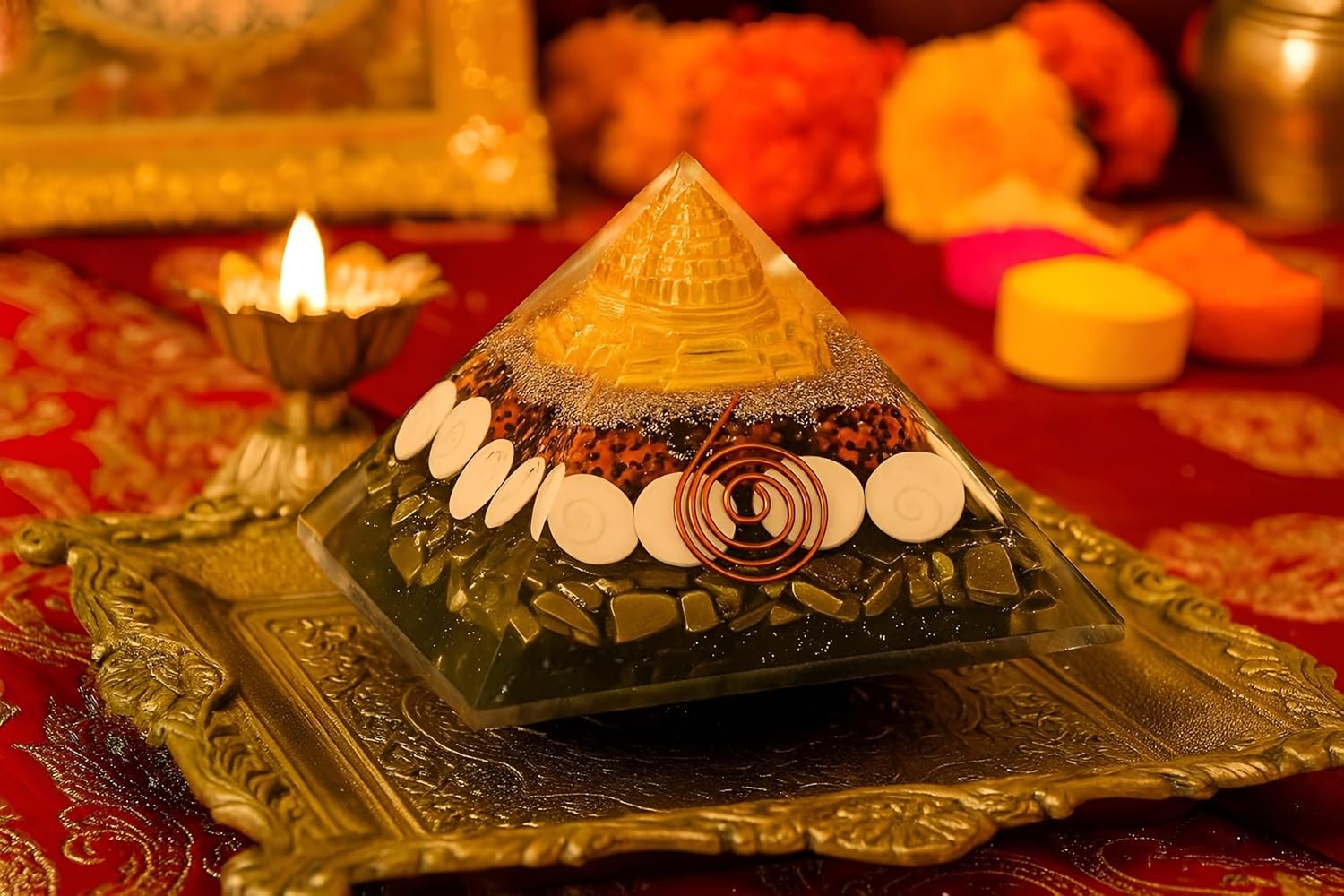 Laxmi Pyramid, Money Magnet Pyrite Pyramid, Certified Pyrite & Sacred Rudraksha, Gomati Chakra with Shree Yantra, Attracts Wealth and Positive Energy, Multicolour, 8 CM