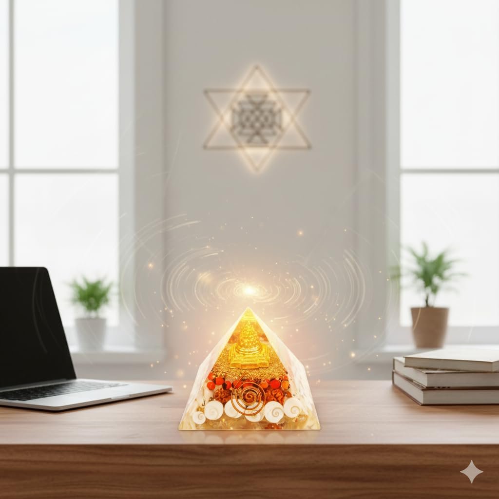 Laxmi Pyramid with Shree Yantra | Certified Gomati Chakra, Rudraksha & Cowrie | Vastu Energy Crystal Pyramid for Good Luck, Money, Wealth & Positive Energy | Spiritual Home Decor Gift Item