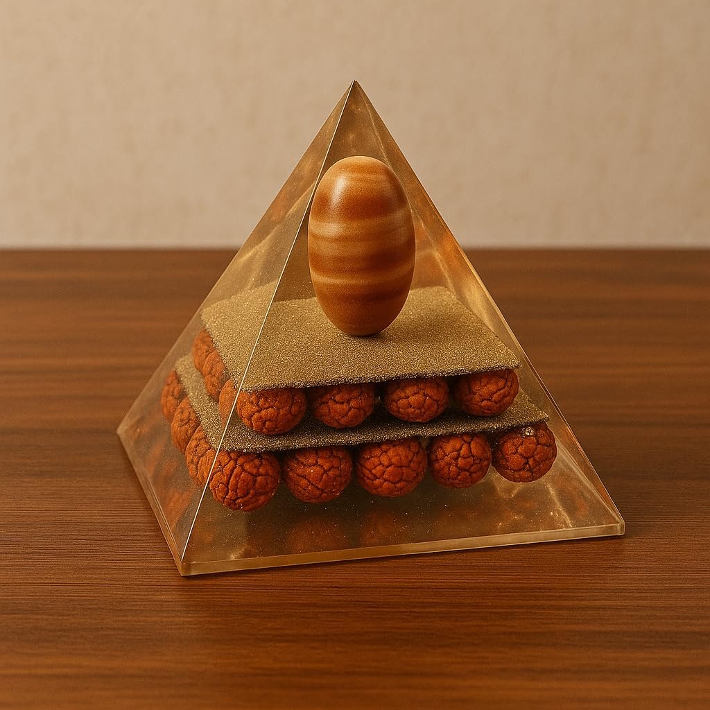 Orgone Energy Pyramid with Swayambhoo Narmadeshwar Shivling, Panchmukhi Rudraksha & Sphatik Chips | Vastu Protection Pyramid for Home & Office | Meditation, Reiki & Positive Energy Generator