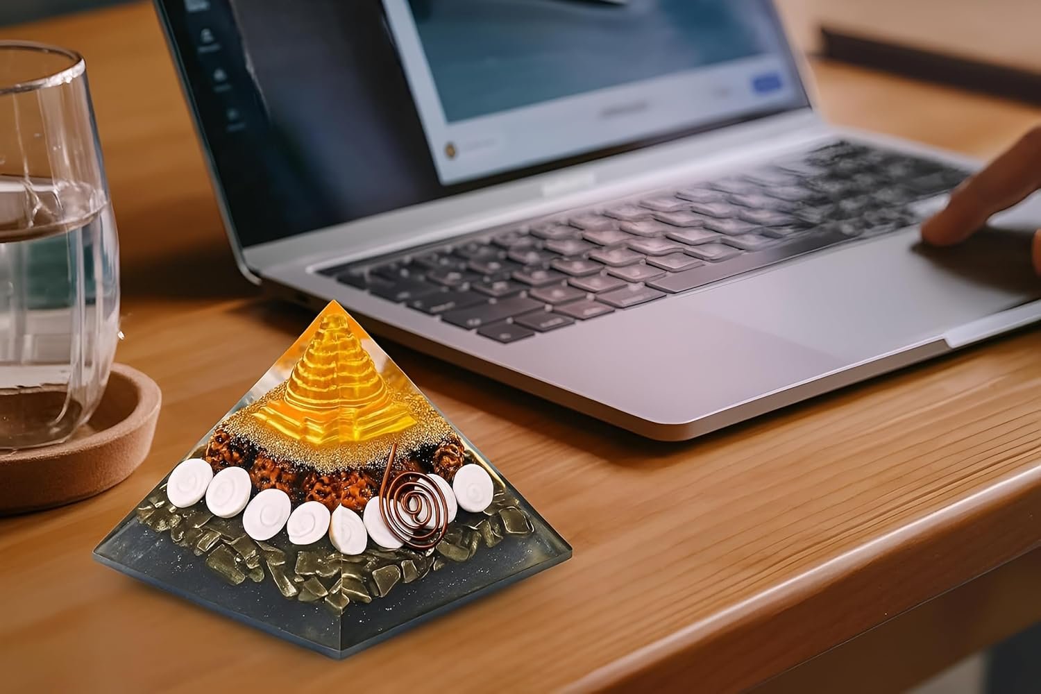 Laxmi Pyramid, Money Magnet Pyrite Pyramid, Certified Pyrite & Sacred Rudraksha, Gomati Chakra with Shree Yantra, Attracts Wealth and Positive Energy, Multicolour, 8 CM