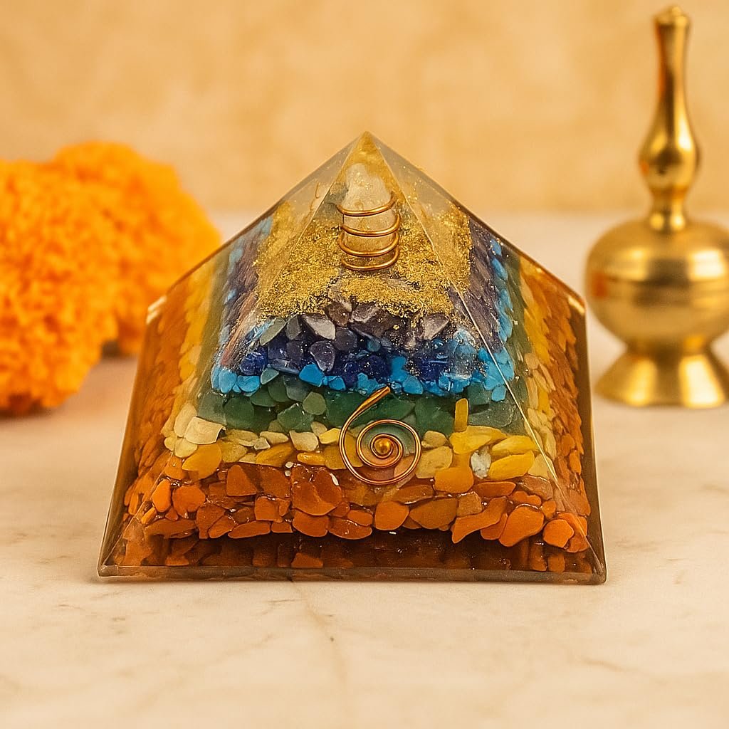 7 Chakra Crystal Orgone Pyramid, Money Magnet Energy Generator, Copper Coil Energy Amplifier, Handcrafted Vastu Spiritual Decor, 7.5CM