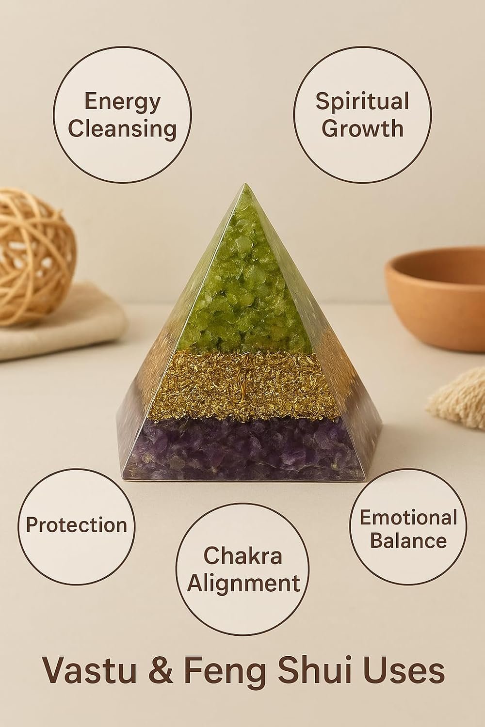 Amethyst Orgone Pyramid with Amethyst & Peridot Crystals | Copper Coil & Brass Energy Generator Pyramid for Meditation, Reiki Healing & Positive Energy | Vastu Spiritual Home Decor Gift Item