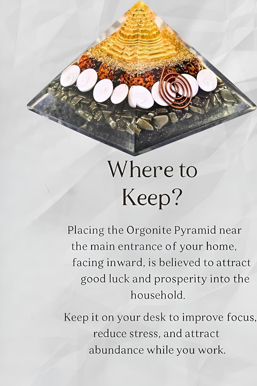 Laxmi Pyramid, Money Magnet Pyrite Pyramid, Certified Pyrite & Sacred Rudraksha, Gomati Chakra with Shree Yantra, Attracts Wealth and Positive Energy, Multicolour, 8 CM
