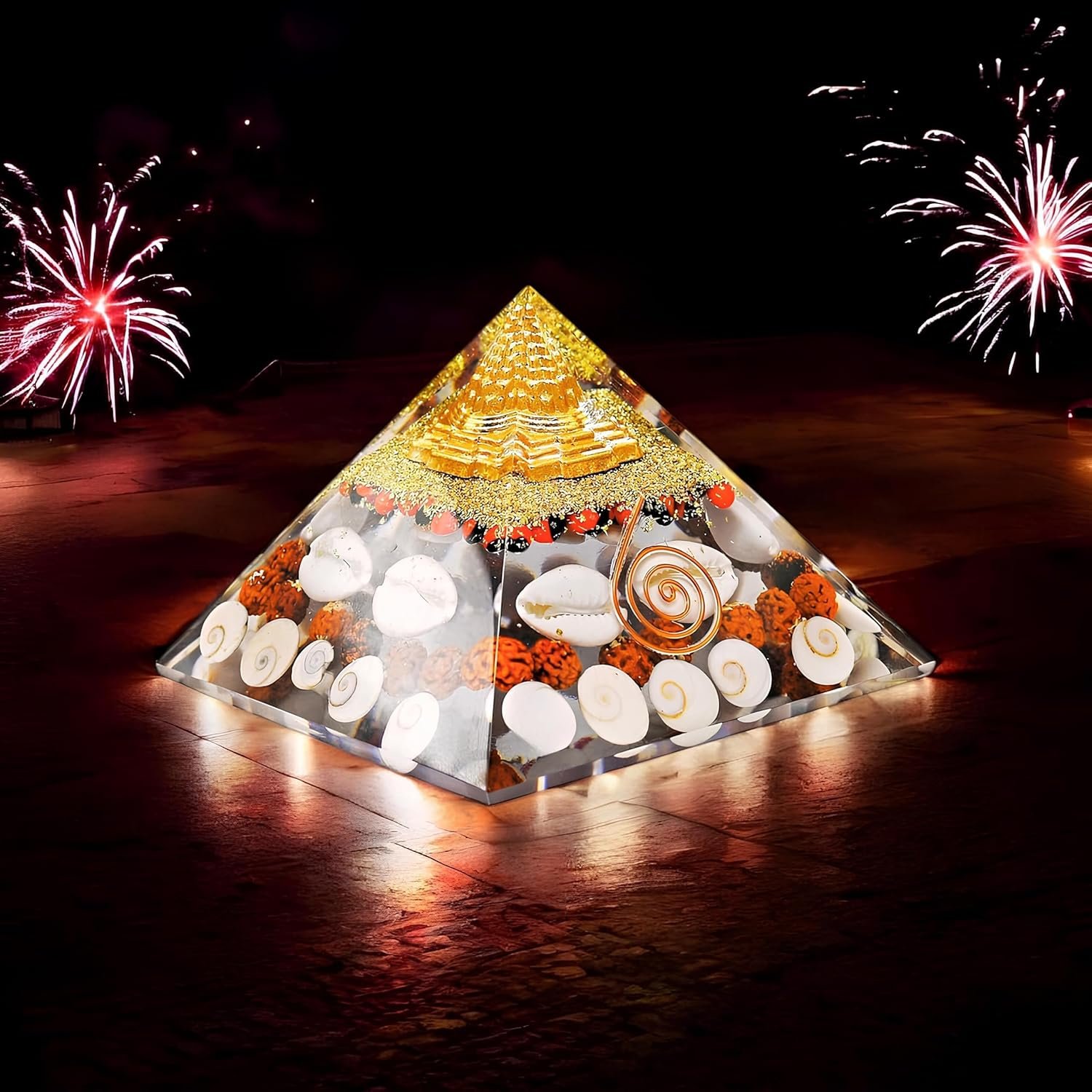 Laxmi Pyramid with Shree Yantra | Certified Gomati Chakra, Rudraksha & Cowrie | Vastu Energy Crystal Pyramid for Good Luck, Money, Wealth & Positive Energy | Spiritual Home Decor Gift Item