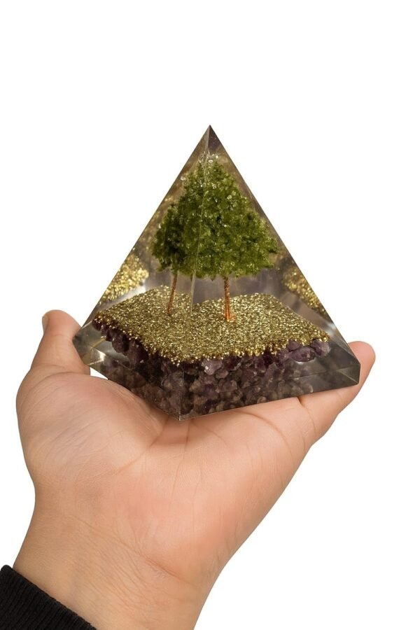 Amethyst Orgone Pyramid with Amethyst & Peridot Crystals | Copper Coil & Brass Energy Generator Pyramid for Meditation, Reiki Healing & Positive Energy | Vastu Spiritual Home Decor Gift Item