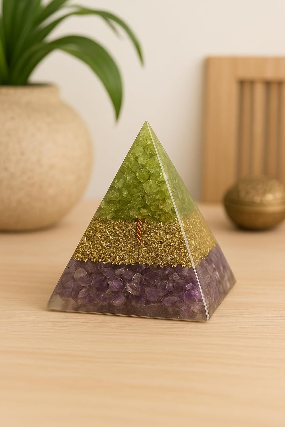 Amethyst Orgone Pyramid with Amethyst & Peridot Crystals | Copper Coil & Brass Energy Generator Pyramid for Meditation, Reiki Healing & Positive Energy | Vastu Spiritual Home Decor Gift Item