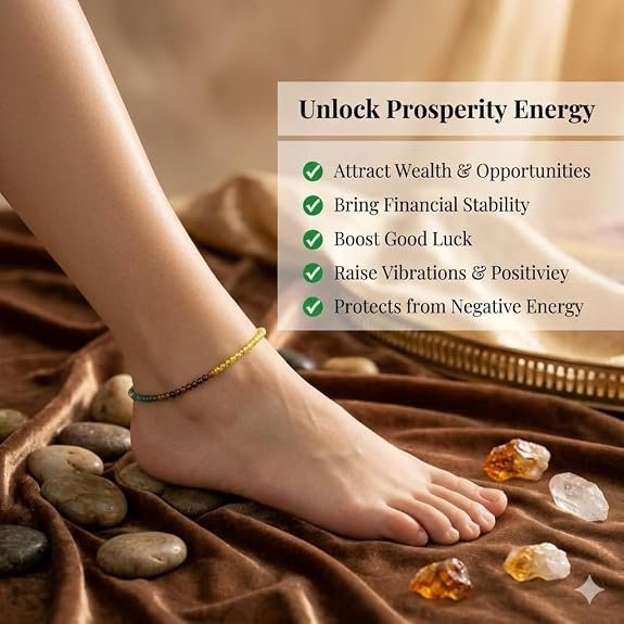 Wealth Attraction Dhan Yog Anklet for Women | Pyrite, Citrine, Green Aventurine Gemstone Anklet | Lucky Astrology jewellary for Prosperity & Success | Adjustable Fit